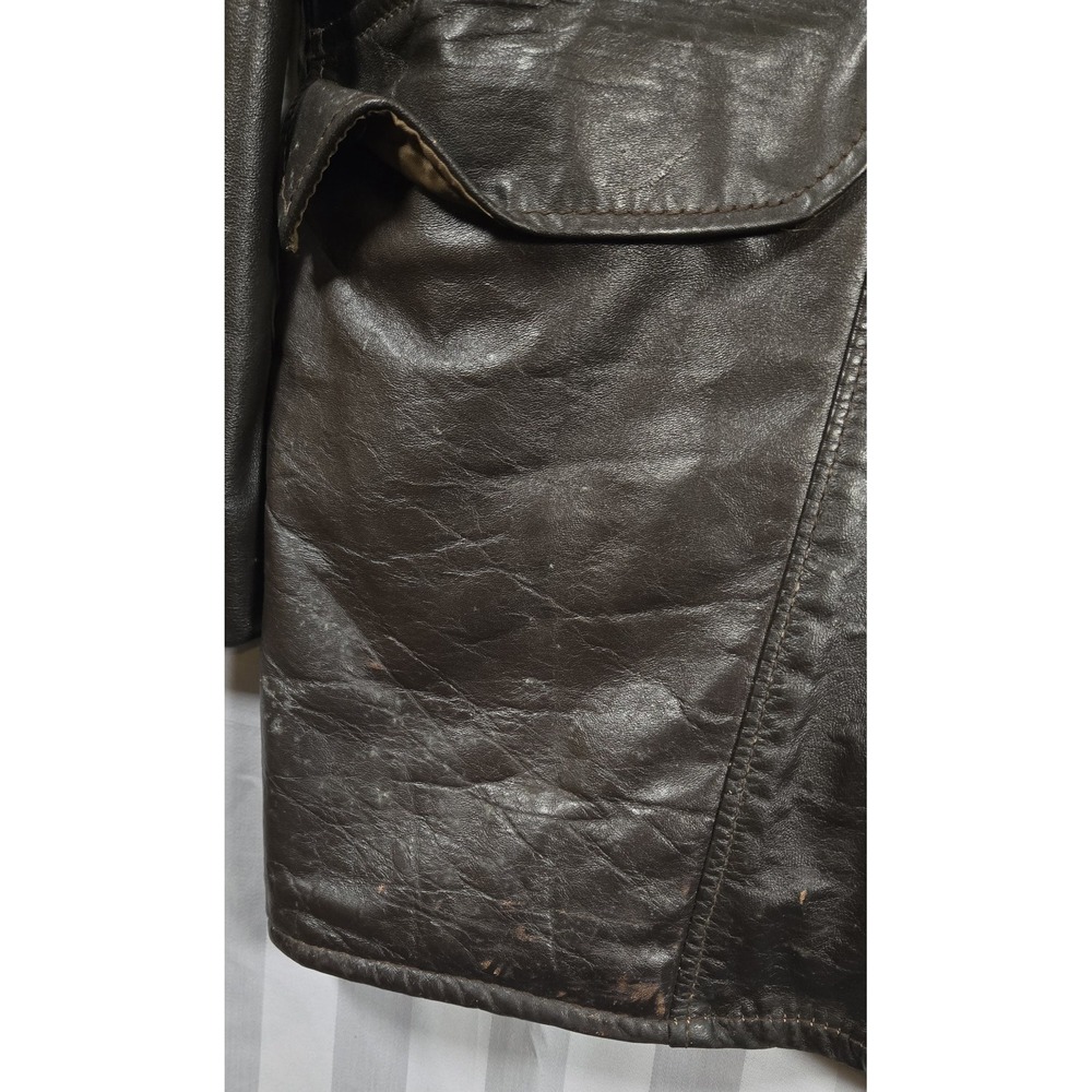 Vintage 70s Montgomery Ward MW Leather Coat 46 Tall Brown Car Coat Faux Fur Line - Picture 13 of 13